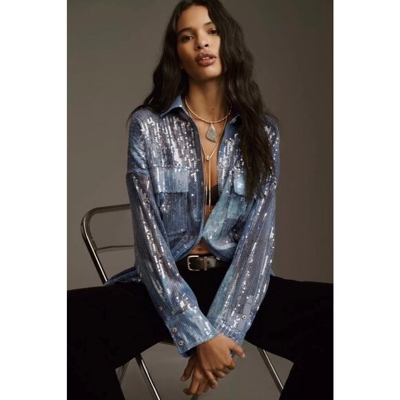 Anthropologie Pilcro Blue Sequin Oversized Button Up Blouse Size XL NEW - Picture 15 of 16
